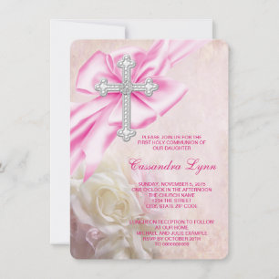 Invitation Croix de rose rose pour la première communion