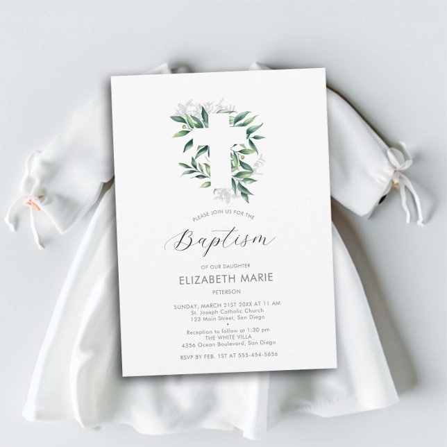 Invitation Croix de verdure Blanc Vert bébé Baptême enfant (baby child baptism christening invitation white cross greenery botanical foliage watercolor elegant )