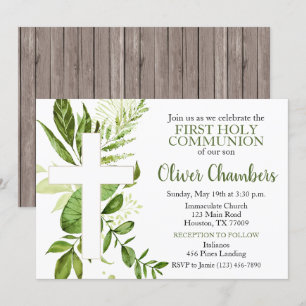 Invitation Croix de verdure rustique Garçon Première communio