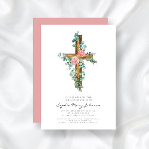 Invitation Croix d'Eucalyptus rose Christening religieux