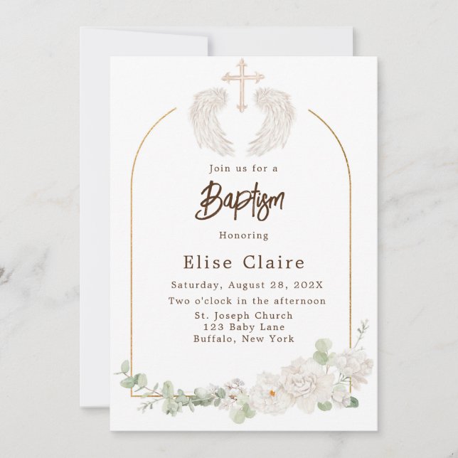 Invitation Croix d'or Ailes Baptême floral (Devant)