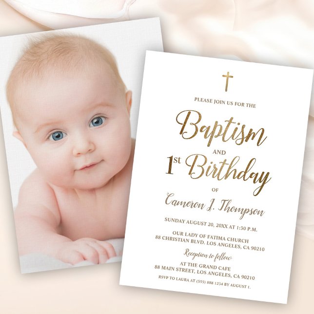 Invitation Croix d'or Baptême simple et 1er anniversaire Phot (Baby photo baptism and first birthday invitation template. gold and white.)