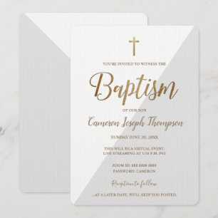 Invitation Croix d'or blanc gris simple Baptême virtuel