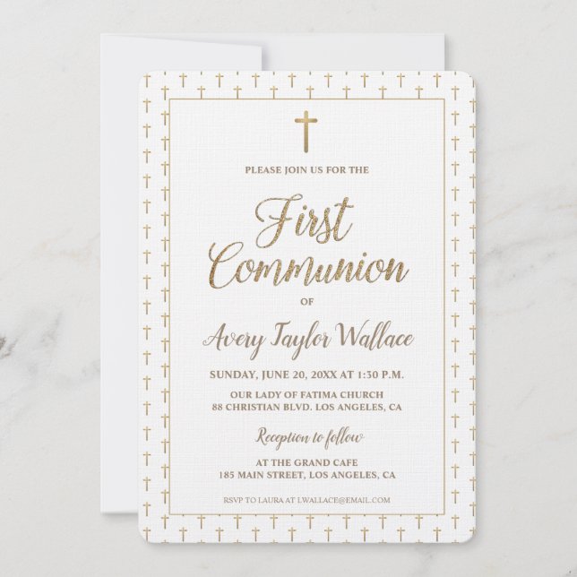 Invitation Croix d'or blanc pur Première communion moderne (Devant)
