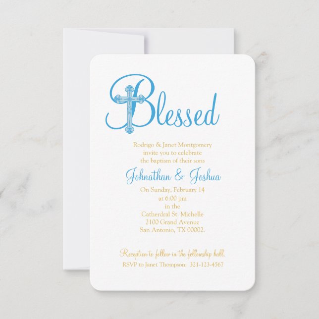 Invitation croix d'or bleu BAPTISM ou CHRISTENING (Devant)