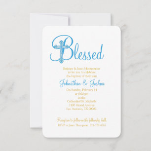 Invitation croix d'or bleu BAPTISM ou CHRISTENING