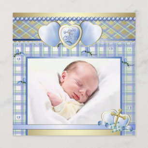 Invitation Croix d'or bleu Bébé Garçon Photo Christening