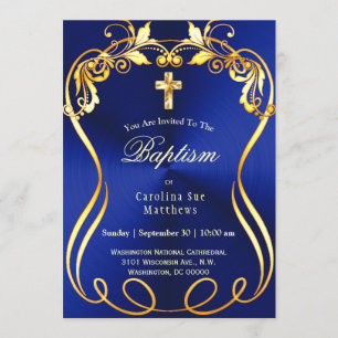 Invitation Croix d'or bleu Élégant Baptême