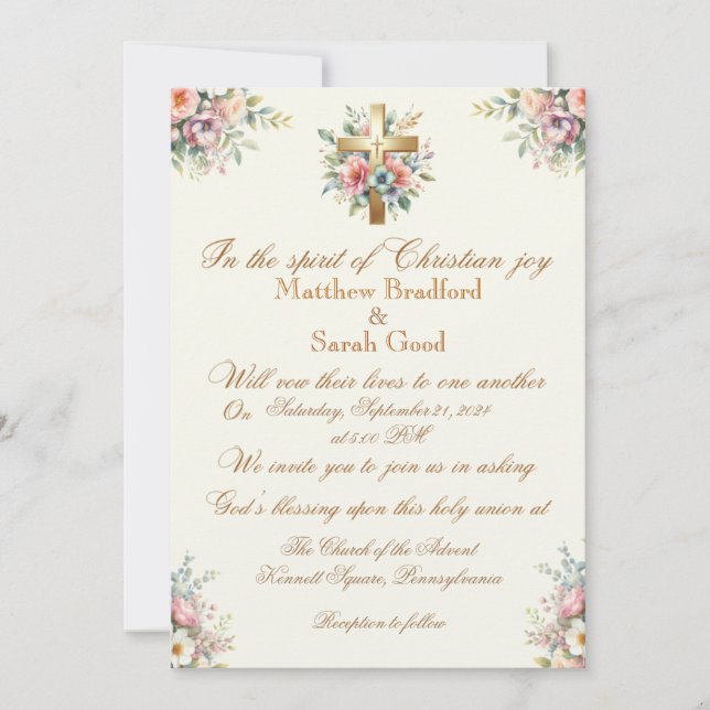 Invitation Croix d'or bleu et rose Flower (Devant)