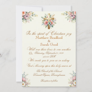 Invitation Croix d'or bleu et rose Flower