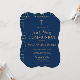 Invitation Croix d'or Bleue Garçon Élégant Première communion