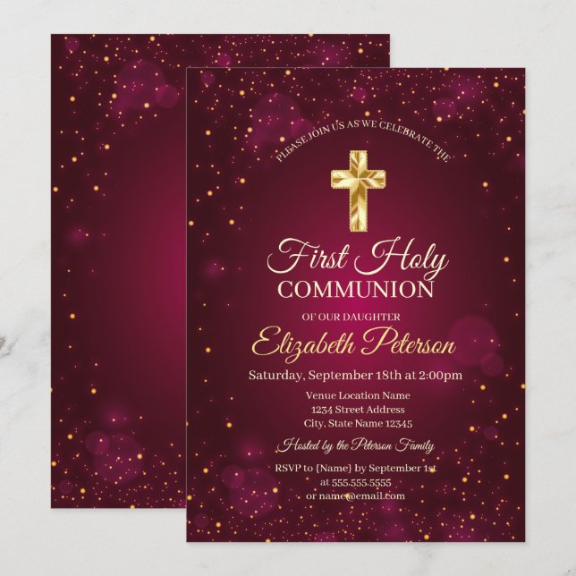 Invitation Croix d'or Confetti rouge Première communion saint (Devant / Derrière)