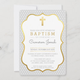 Invitation CROIX D'OR CUTE joli baptême fancy polkadot gris