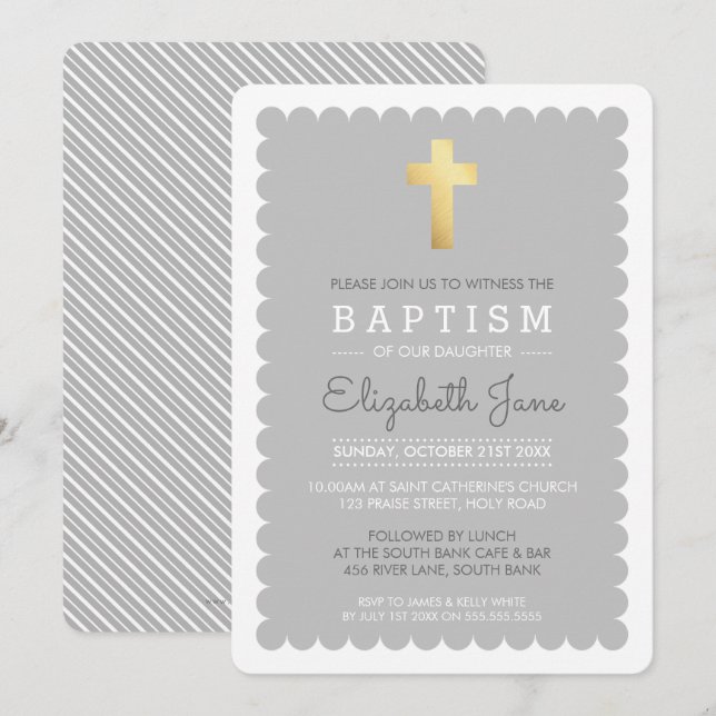 Invitation CROIX D'OR CUTE moderne baptism arêtes à coquilles (Devant / Derrière)