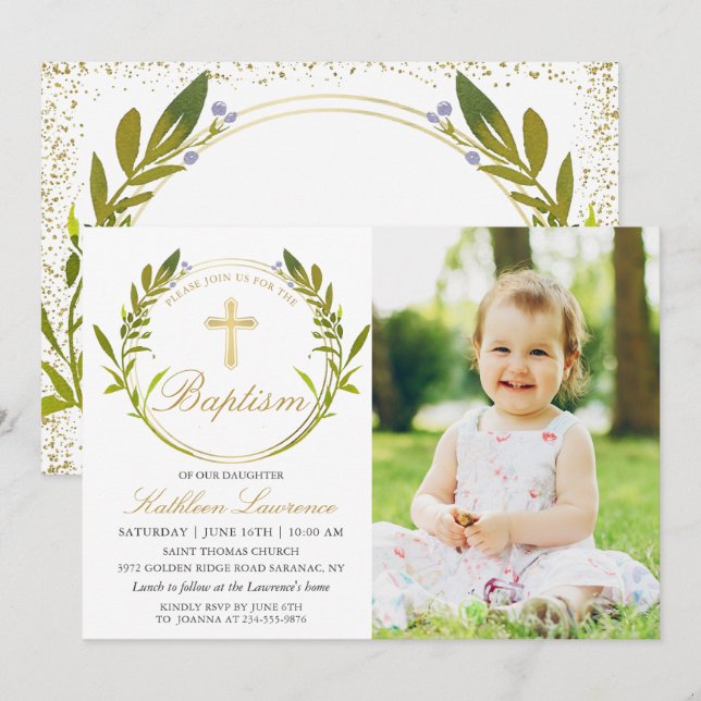 Invitation Croix d'or de couronnes vertes Baptême fille Photo (Devant / Derrière)