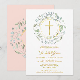 Invitation Croix d'or de la Garland rose pâle Baptême Christe