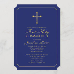 Invitation Croix d'or de la première communion avec bleu de l