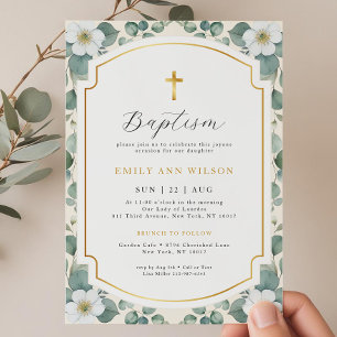 Invitation Croix d'or de l'Eucalyptus florale Baptême