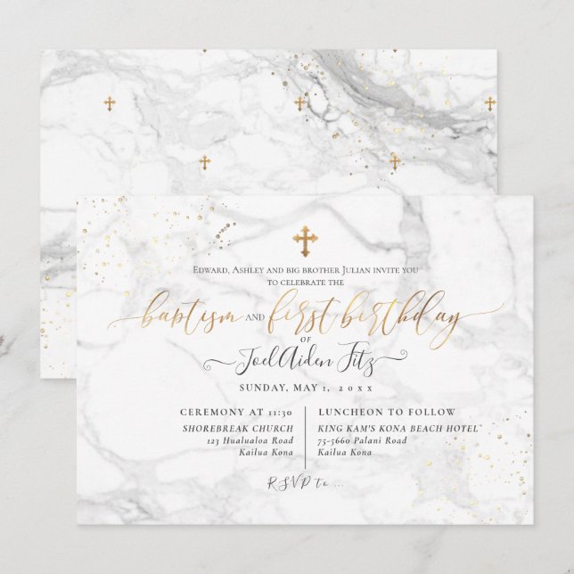 Invitation Croix d'or de Marble Faux Baptême 1er anniversaire (Devant / Derrière)