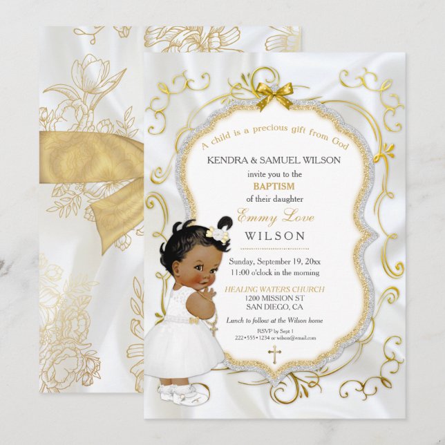 Invitation Croix d'or du Baptême féminin africain-américain (Devant / Derrière)