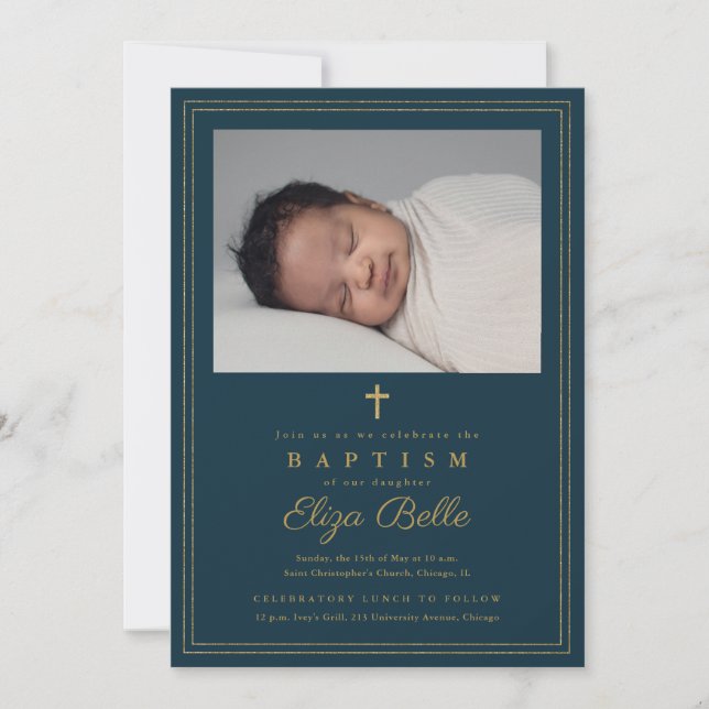 Invitation Croix d'or élégante Baptême et baptême religieux (Devant)