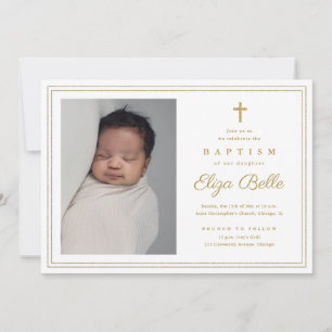 Invitation Croix d'or élégante Baptême et baptême religieux