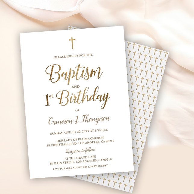 Invitation Croix d'or élégante Baptême simple et 1er annivers (Elegant, simple baptism and first birthday - white with gold cross invitation. )
