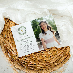 Invitation Croix d'or et de verdure Photo Première communion 