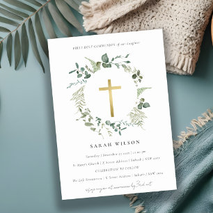 Invitation Croix d'or Eucalyptus Première communion sainte