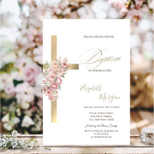 Invitation Croix d'or Fleurs roses Baptême Parties scintillan
