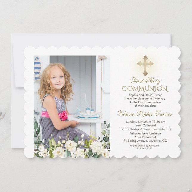 Invitation Croix d'or florale blanche photo Sainte communion (Devant)