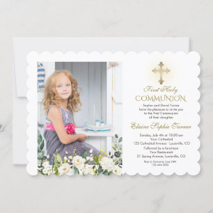 Invitation Croix d'or florale blanche photo Sainte communion