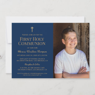 Invitation Croix d'or Marine Bleue Première communion sainte 