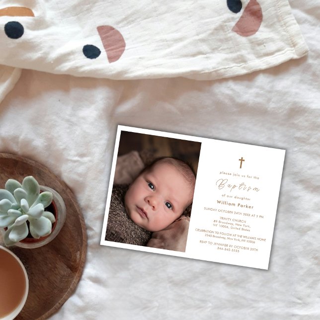 Invitation Croix d'or moderne Elegant Baptême photo bébé (Modern Elegant Gold Cross Baby Photo Baptism Invitation)