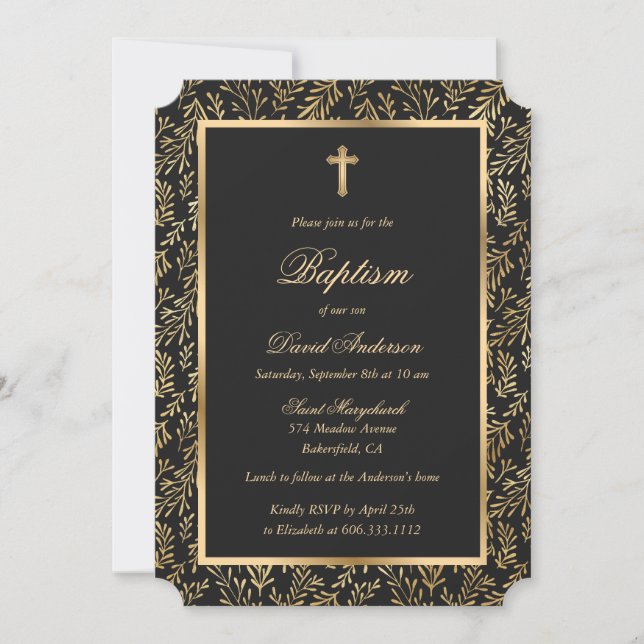 Invitation Croix d'or noir vert Script Baptême (Devant)