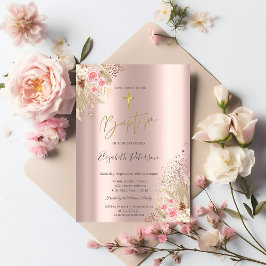 Invitation Croix d'or Pampas Fleurs d'herbe Baptême Rose Or