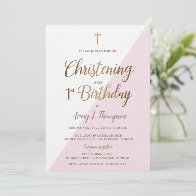 Invitation Croix d'or rose baptême 1er anniversaire (Debout devant)