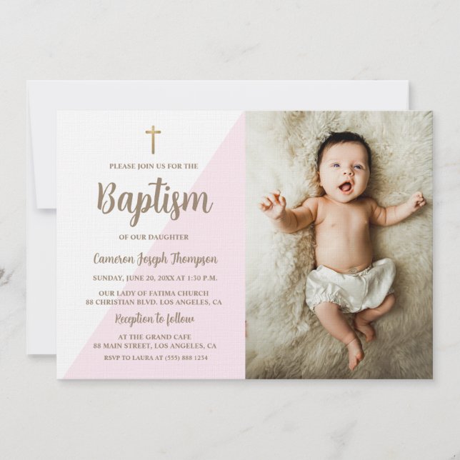 Invitation Croix d'or rose Baptême bébé fille photo (Devant)
