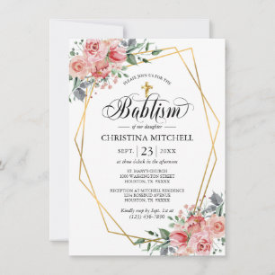 Invitation Croix d'or rose Floral Christening Baptême Girl