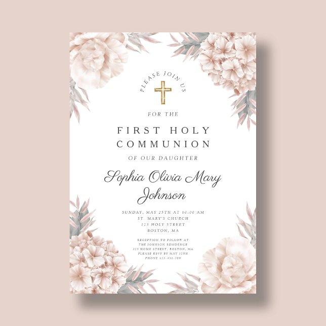 Invitation Croix d'or rose Floral Croix de la première commun (Pink Floral Gold Cross Religious First Communion Invitation)