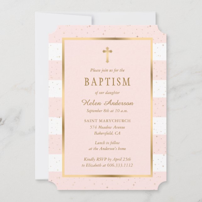 Invitation Croix d'or rose moderne Stars Girl Baptism (Devant)