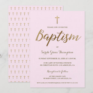 Invitation Croix d'or rose rousse Baptême de la petite fille 