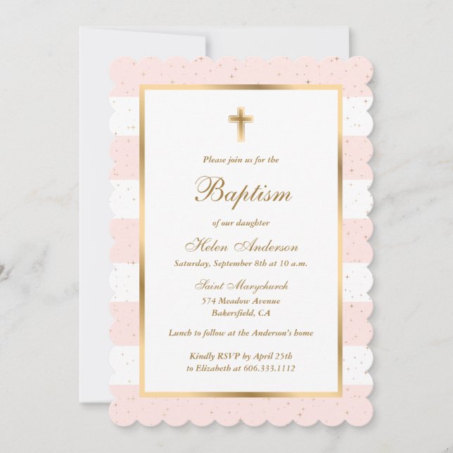 Invitation Croix d'or rose Stars Striped Girl Baptême (Devant)