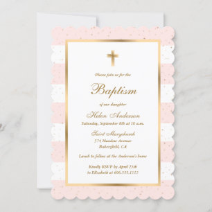 Invitation Croix d'or rose Stars Striped Girl Baptême
