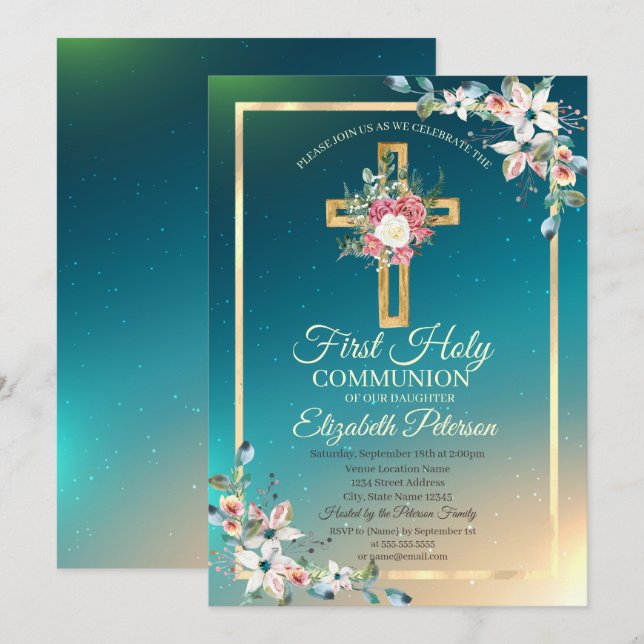 Invitation Croix d'or Roses floraux première communion sainte (Devant / Derrière)