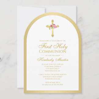 Invitation Croix d'or Roses roses rose Arc Floral Première co