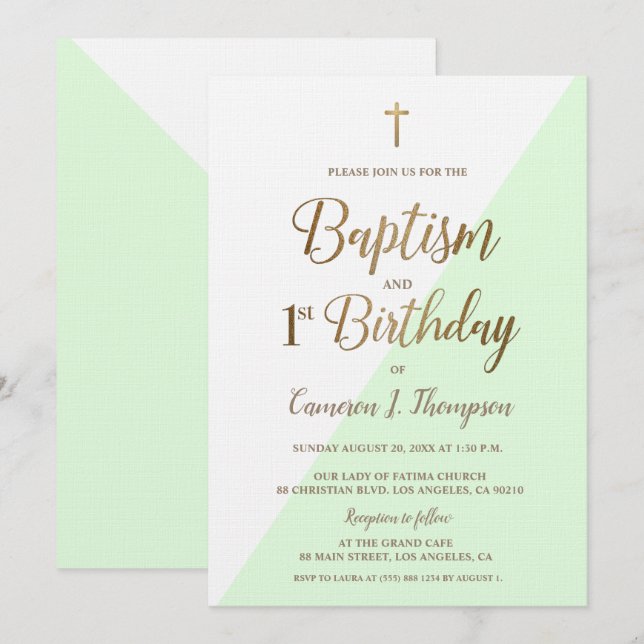Invitation Croix d'or verte Baptême 1er anniversaire (Devant / Derrière)