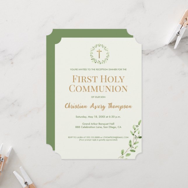 Invitation Croix d'or verte de couronne botanique Première co (Devant/Arrière en situation)
