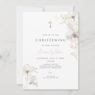 Invitation Croix dorée baptême boho 