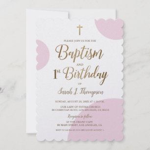 Invitation Croix dorée de baptême et 1er anniversaire rose 